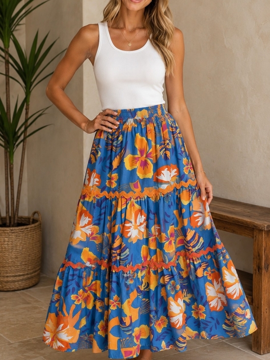 Joy Joy Dresses & Skirts - Joy Joy Floral Tiered Maxi Skirt in Blue and Orange NWT Large